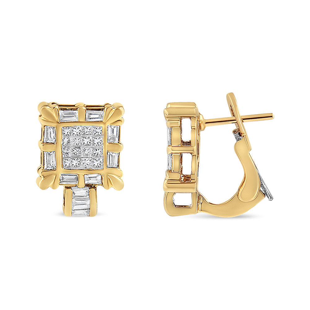 14K Yellow Gold 7/8 Cttw Princess and Baguette-Cut Diamond Square Framed Huggie Hoop Omega Earrings (H-I Color, SI1-SI2 Clarity) Bids.com