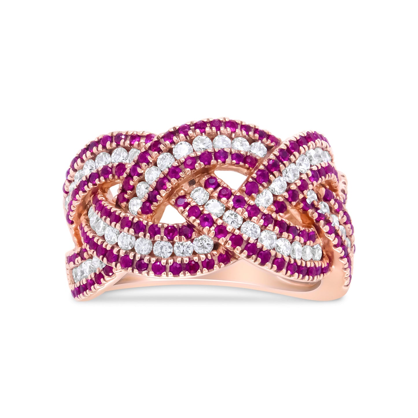 18K Rose Gold Red Ruby and 7/8 Cttw Diamond Woven Braided Band Ring (F-G Color, VS1-VS2 Clarity) - Ring Size 7 Bids.com