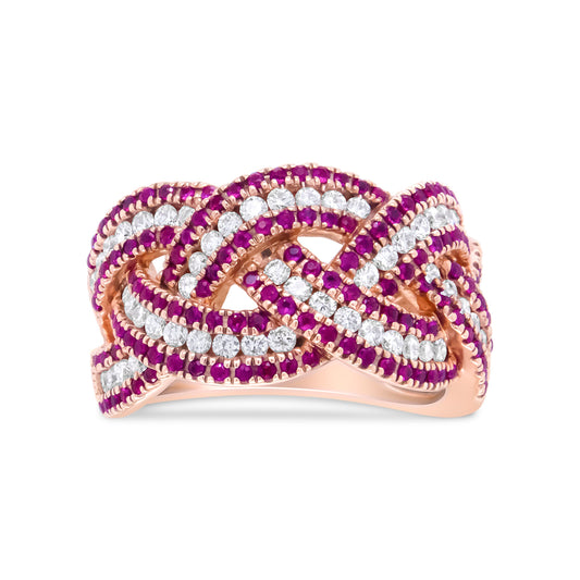 18K Rose Gold Red Ruby and 7/8 Cttw Diamond Woven Braided Band Ring (F-G Color, VS1-VS2 Clarity) - Ring Size 7 Bids.com