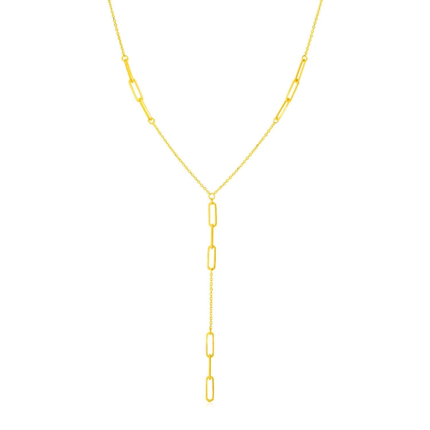 14K Yellow Gold Lariat Necklace with Paperclip Chain Stations Bids.com