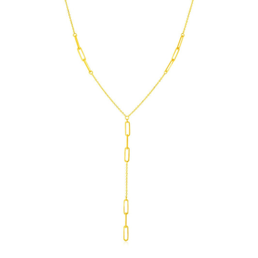 14K Yellow Gold Lariat Necklace with Paperclip Chain Stations Bids.com