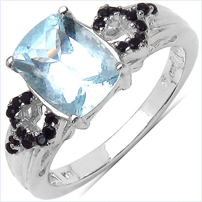 1.92 Carat Genuine Aquamarine & Black Spinel .925 Sterling Silver Ring Bids.com