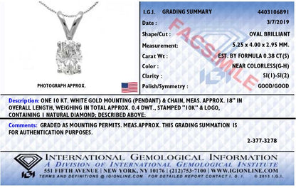 IGI Certified 10K White Gold 3/8 cttw Prong Set Diamond Oval Pendant Necklace (I-J Color, I1 Clarity) - Size 18" Bids.com