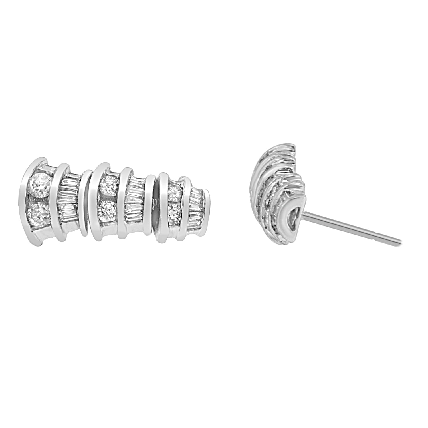 14K White Gold 7/8 cttw Baguette & Round Brilliant-Cut Diamond Dangle Multi Row Earrings (H-I Color, SI2-I1 Clarity) Bids.com
