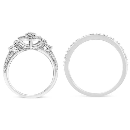 .925 Sterling Silver 1/3 Cttw Diamond 7 Stone Cluster and Halo Engagement Ring and Wedding Band Set (I-J Color, I1-I2 Clarity) - Size 7 Bids.com