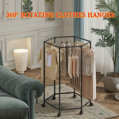 360° Rotating Freestanding Clothing Rack – Hexagonal Carbon Steel Organizer with Wheels DailySale
