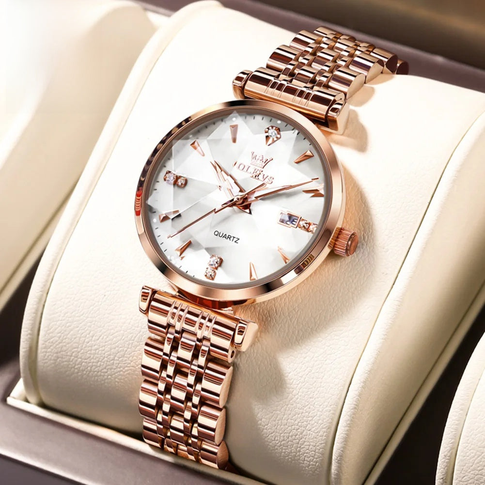 Women's Rose Gold Stainless Steel Watch Blue Dial Zircon BandsCo Straps