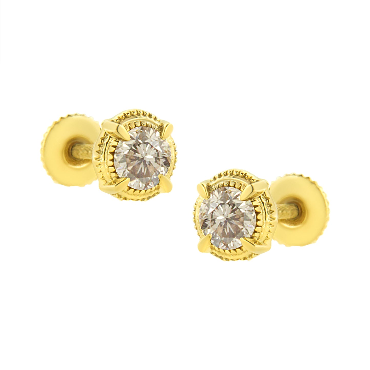 14K Yellow Gold Plated .925 Sterling Silver 1.0 Cttw Round Brilliant Cut Diamond Solitaire Milgrain Stud Earrings (K-L Color, I2-I3 Clarity) Bids.com