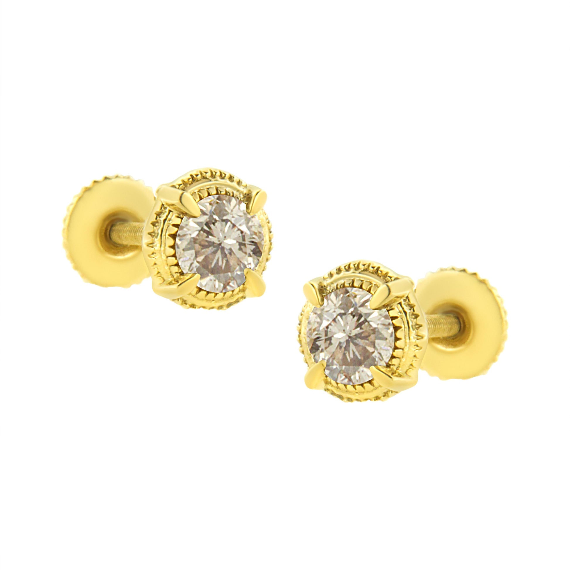 14K Yellow Gold Plated .925 Sterling Silver 1.0 Cttw Round Brilliant Cut Diamond Solitaire Milgrain Stud Earrings (K-L Color, I2-I3 Clarity) Bids.com