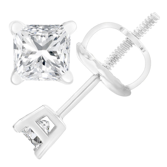 AGS Certified 18K White Gold 1.0 Cttw 4-Prong Set Princess-Cut Solitaire Diamond Screw Back Stud Earrings (E-F Color, SI2-I1 Clarity) Bids.com