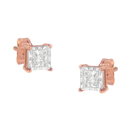 14K Rose Gold Plated Two-Tone .925 Sterling Silver 1/2 Cttw Princess-Cut Square Near Colorless Diamond Solitaire Miracle-Plate Stud Earrings (J-K Color, I2-I3 Clarity) Bids.com