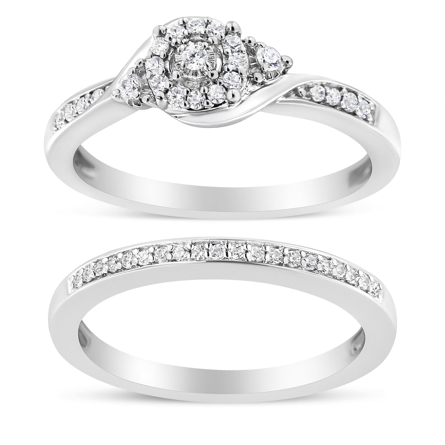 .925 Sterling Silver 1/4 Cttw Diamond Halo and Swirl Engagement Ring and Wedding Band Set (I-J Color, I3 Clarity)- Ring Size 7 Bids.com