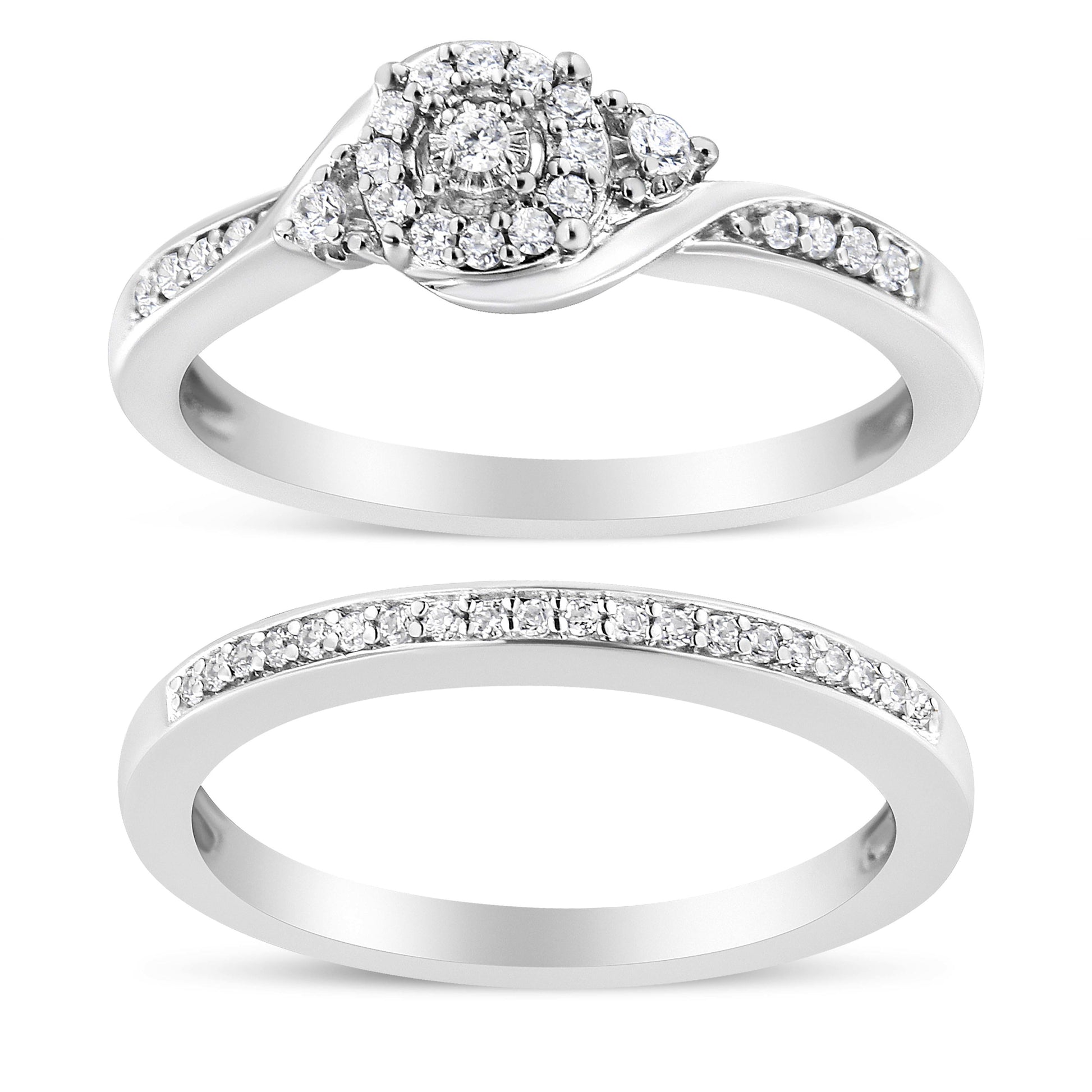 .925 Sterling Silver 1/4 Cttw Diamond Halo and Swirl Engagement Ring and Wedding Band Set (I-J Color, I3 Clarity)- Ring Size 7 Bids.com