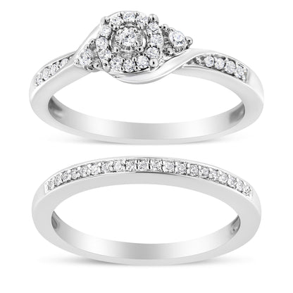 .925 Sterling Silver 1/4 Cttw Diamond Halo and Swirl Engagement Ring and Wedding Band Set (I-J Color, I3 Clarity)- Ring Size 7 Bids.com