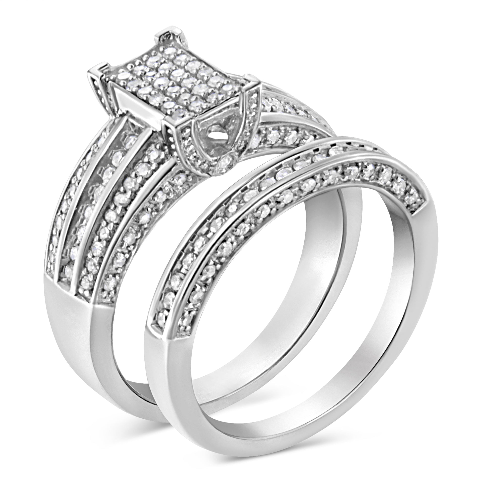 .925 Sterling Silver 3/4 Cttw Prong Set Round Diamond Composite Engagement Ring and Band Set (I-J Color, I3 Clarity) - Size 6.5 Bids.com