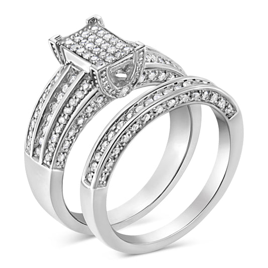 .925 Sterling Silver 3/4 Cttw Prong Set Round Diamond Composite Engagement Ring and Band Set (I-J Color, I3 Clarity) - Size 6.5 Bids.com