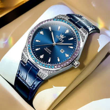 Women's Crystal Bezel White Leather Strap Watch Quartz Date BandsCo Straps