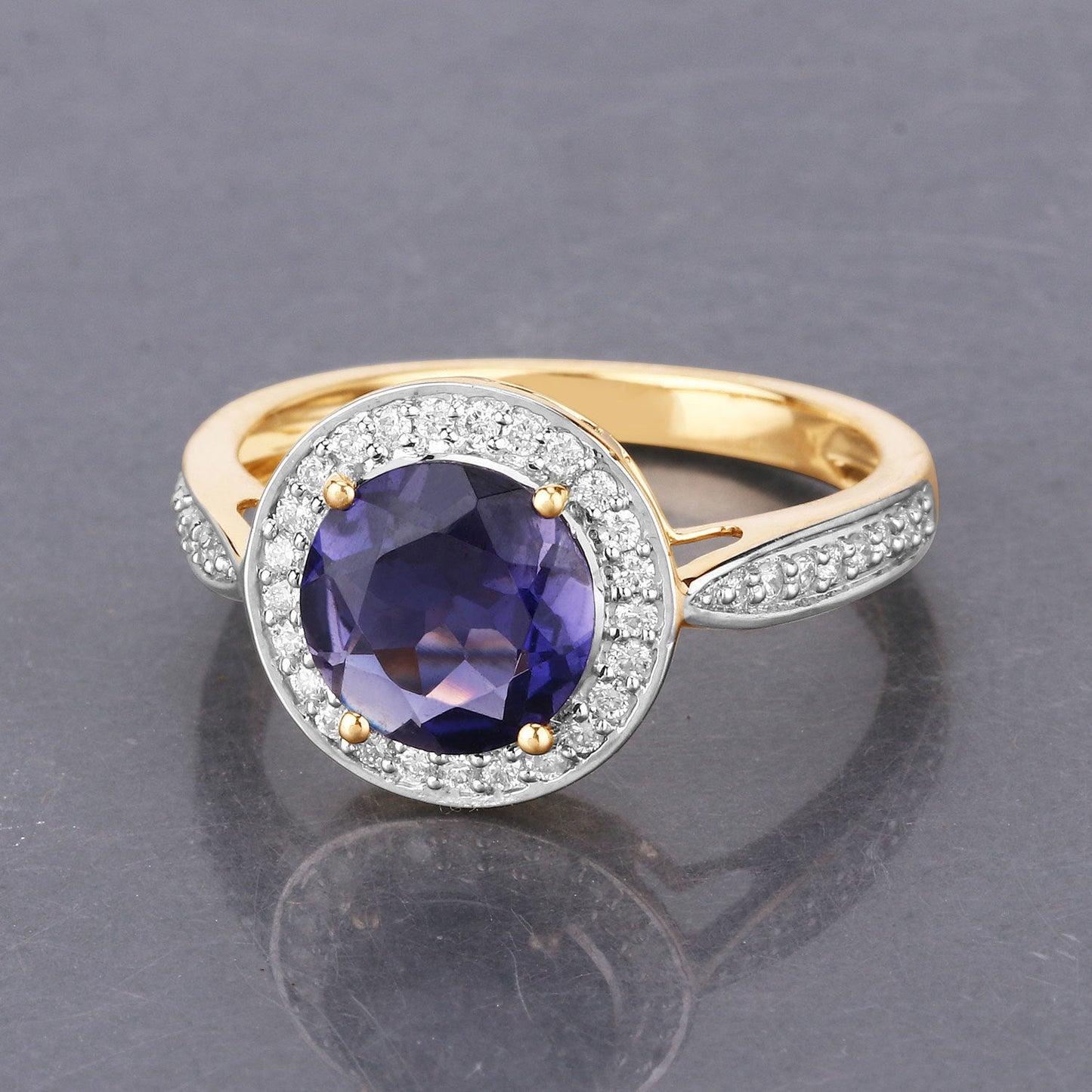 1.79 Carat Genuine Iolite and White Diamond 14K Yellow Gold Ring Bids.com