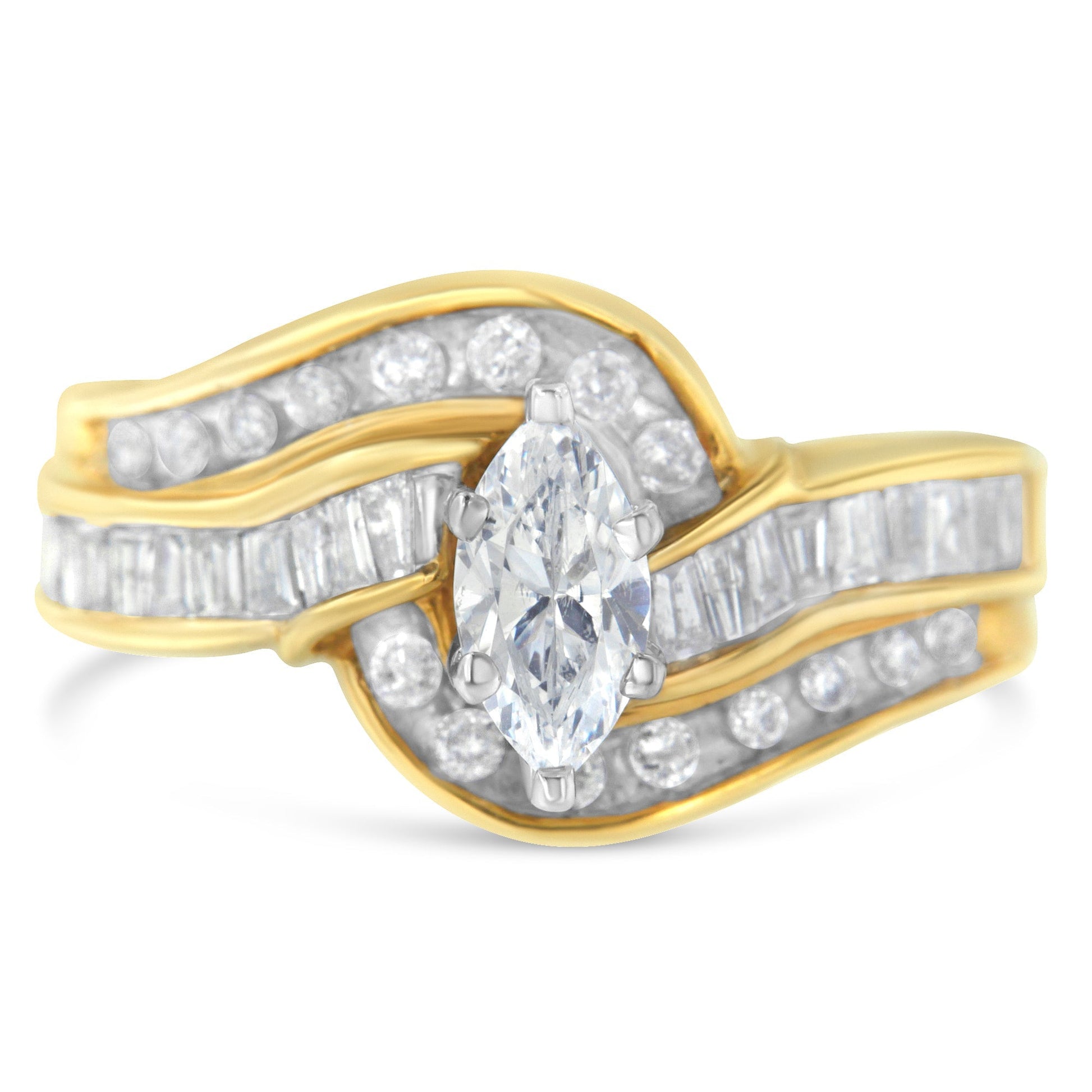 14KT Two-Toned Gold Marquise, Baguette and Round Cut Diamond Bypass Ring (1 cttw, H-I Color, SI1-SI2 Clarity) (Size 7) Bids.com