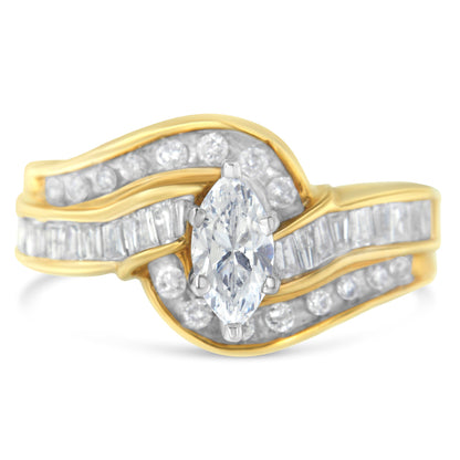 14KT Two-Toned Gold Marquise, Baguette and Round Cut Diamond Bypass Ring (1 cttw, H-I Color, SI1-SI2 Clarity) (Size 7) Bids.com