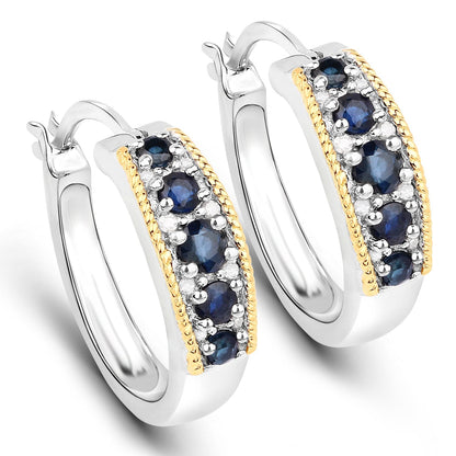 0.70 Carat Genuine Blue Sapphire and White Diamond .925 Sterling Silver with 14K Yellow Gold Earrings Bids.com