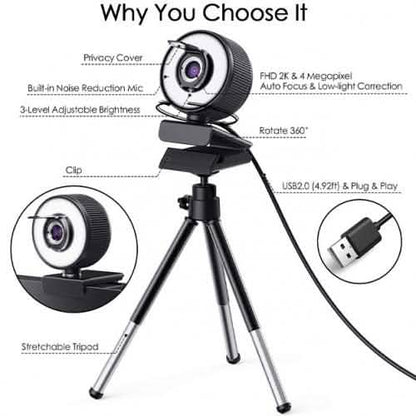 2K HD Webcam with Built-In 18 LED Adjustable Ring Light and Microphone DailySale