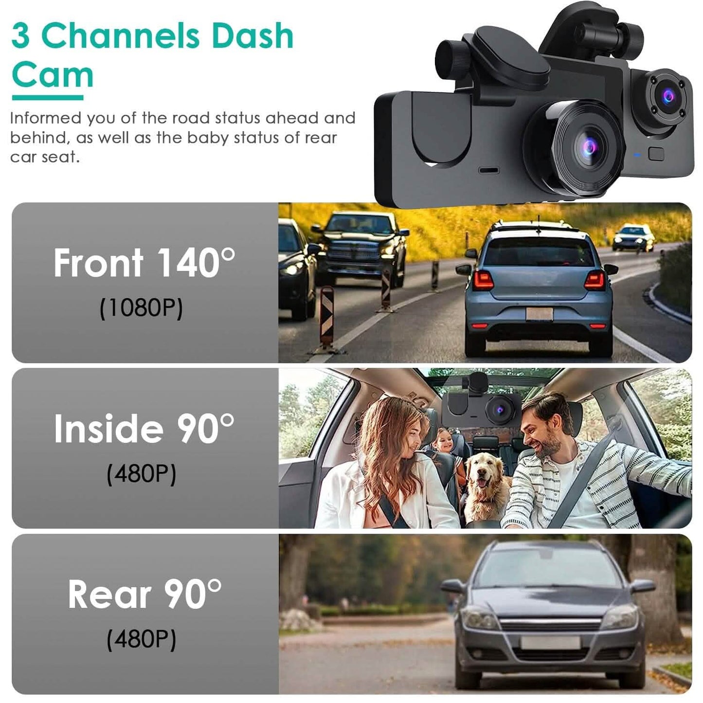 3 Channel Dash Cam Front Inside Rear Vehicle Driving Recorder Car DVR DailySale