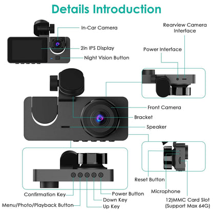 3 Channel Dash Cam Front Inside Rear Vehicle Driving Recorder Car DVR DailySale