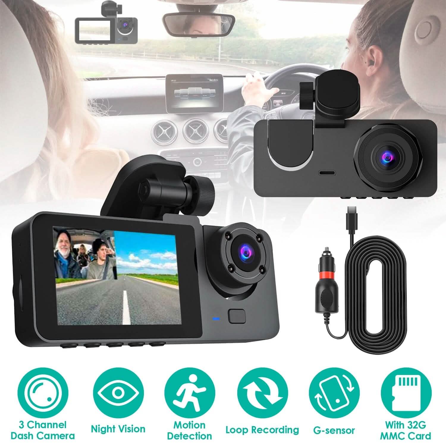 3 Channel Dash Cam Front Inside Rear Vehicle Driving Recorder Car DVR DailySale
