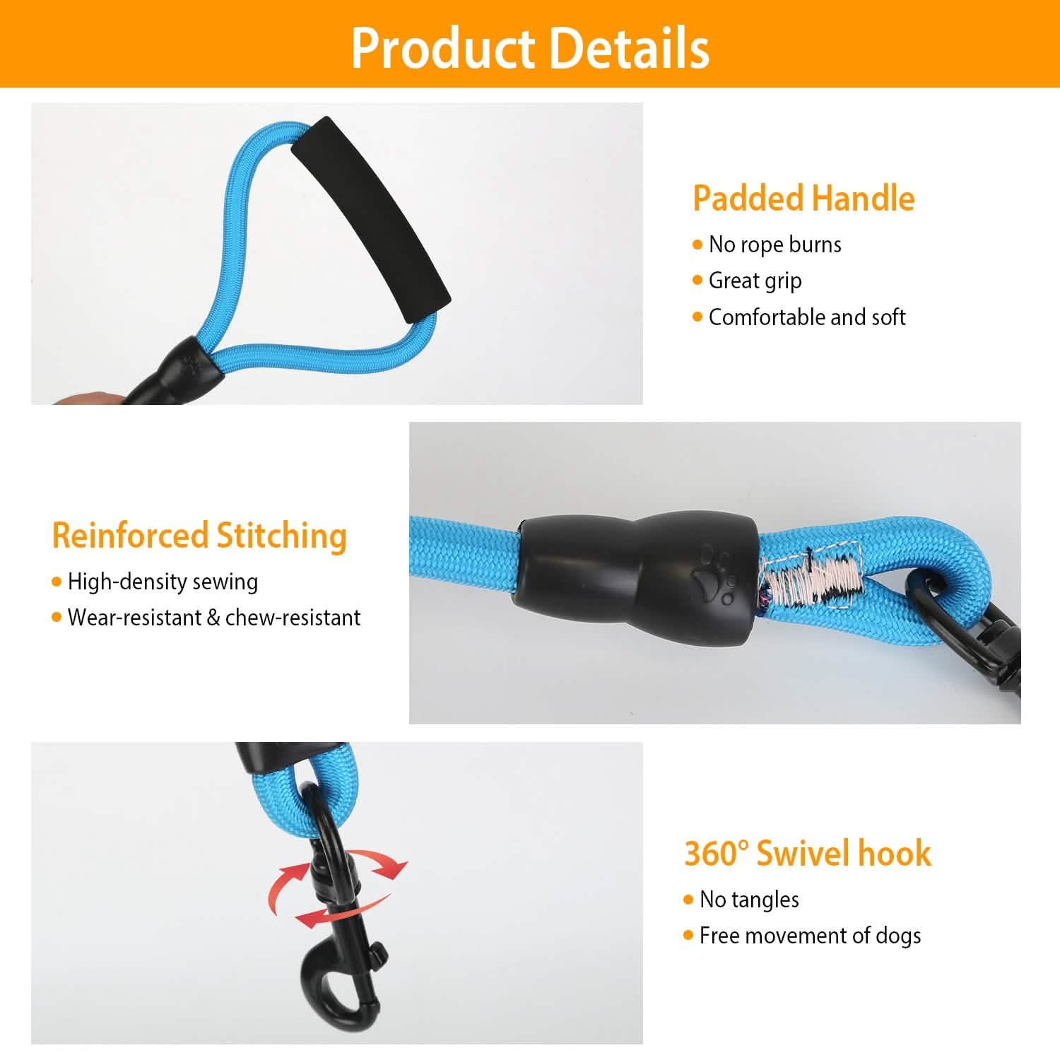 3 Dog Leash Traction Rope Walking Training Lead with Padded Handle DailySale