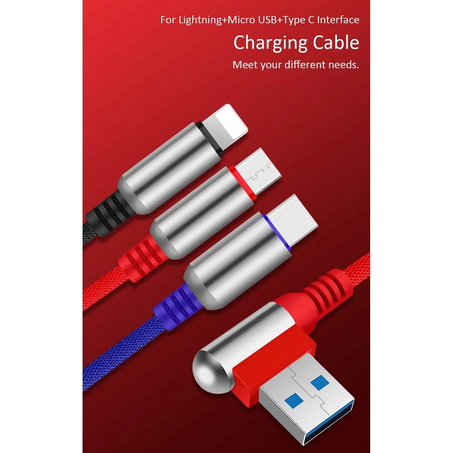 3-In-1 Charging Cable USB to Micro USB + Type C + Lightning Charging Cable Fast Charging DailySale
