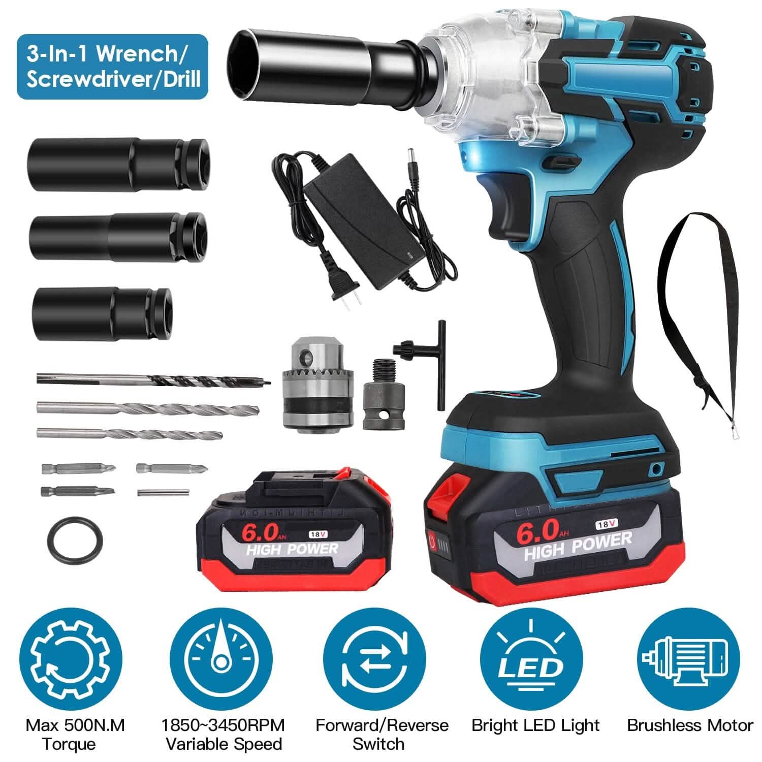 3-In-1 Cordless Electric Impact Wrench Drill Screwdriver with Brushless Motor Max 3450RPM Variable Speed DailySale
