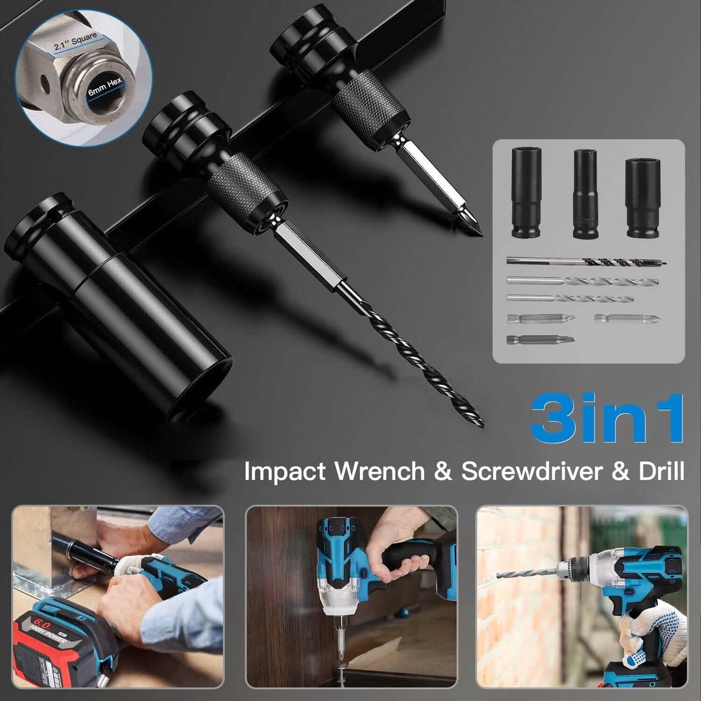 3-In-1 Cordless Electric Impact Wrench Drill Screwdriver with Brushless Motor Max 3450RPM Variable Speed DailySale