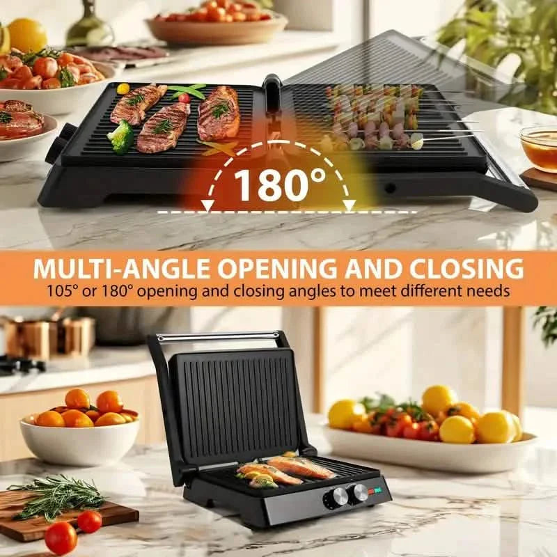 3-in-1 Electric Indoor Non-Stick Grill & Panini Press Sandwich Maker with Adjustable Temperature Control and Grease Tray DailySale
