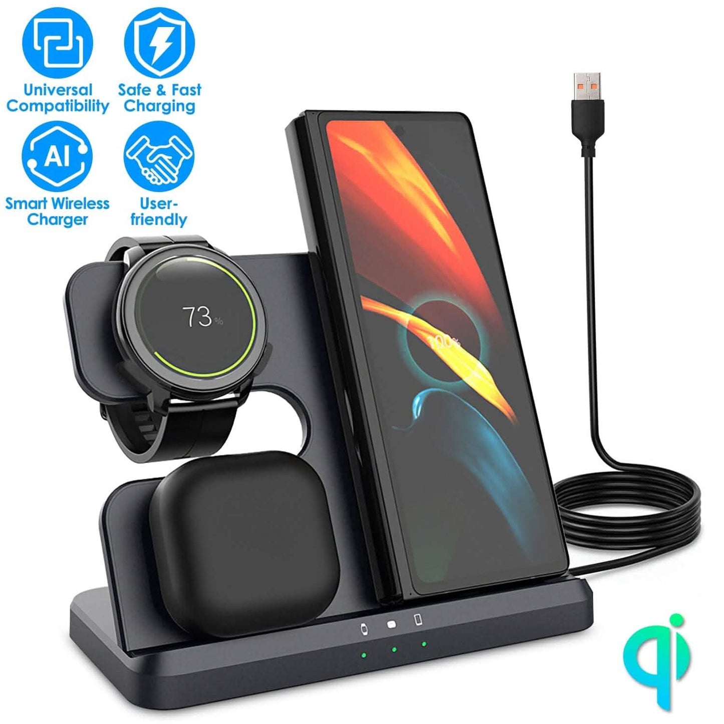 3-in-1 Fast Wireless Charger for Qi-enable Phones, Earphones and Watches DailySale