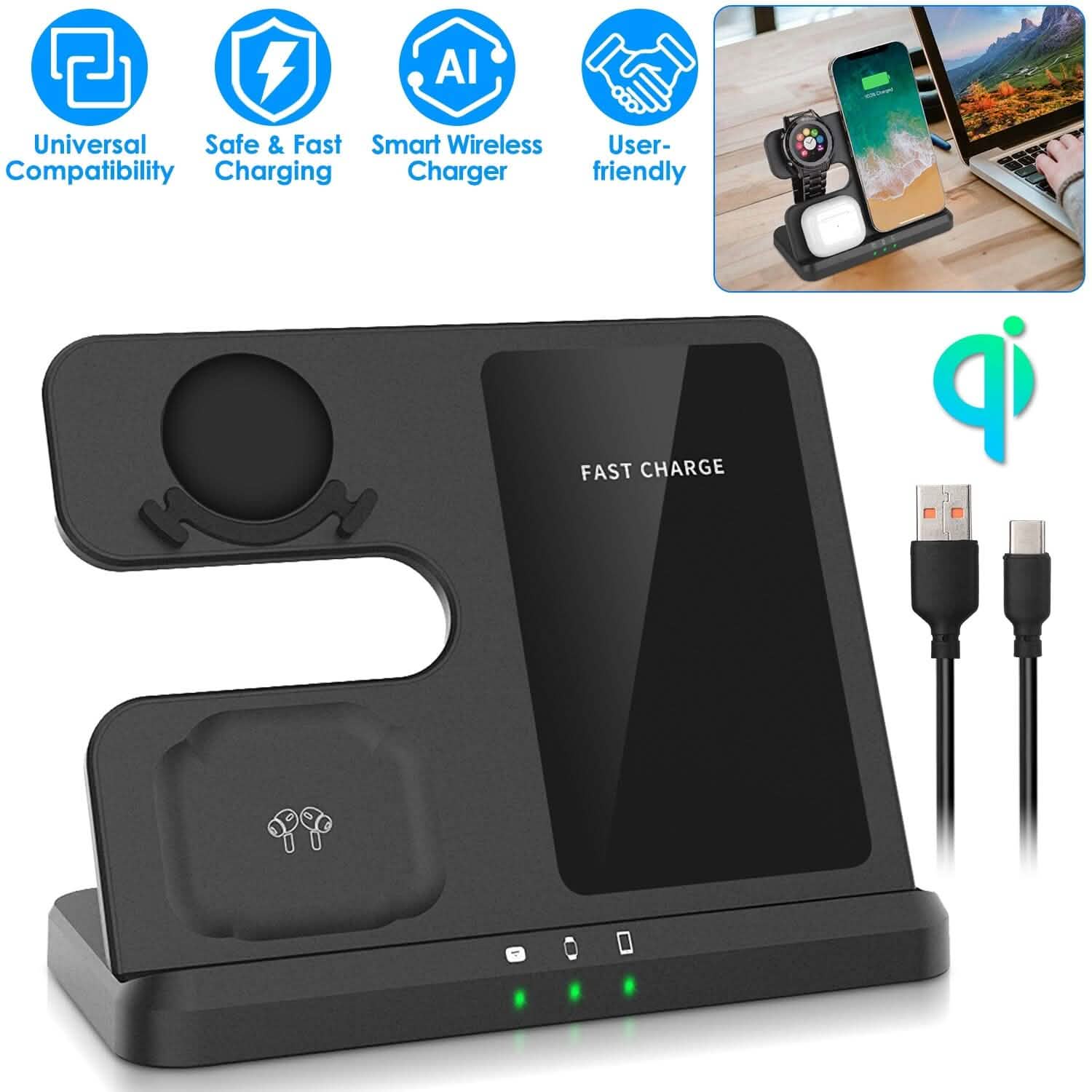 3-in-1 Fast Wireless Charger for Qi-enable Phones, Earphones and Watches DailySale