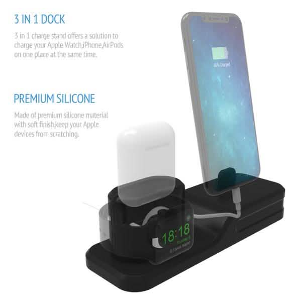 3-in-1 Silicone Charging Station Dock for Apple Watch AirPods and iPhone + 2 Lightning Cables DailySale