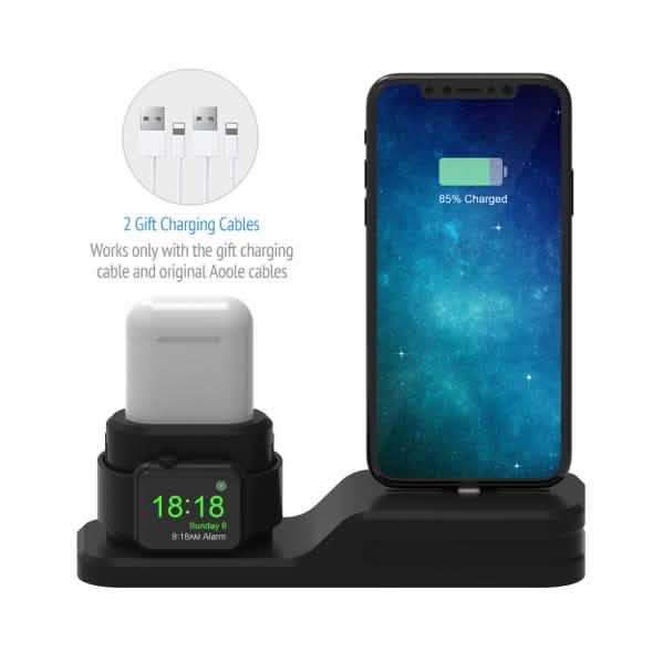 3-in-1 Silicone Charging Station Dock for Apple Watch AirPods and iPhone + 2 Lightning Cables DailySale