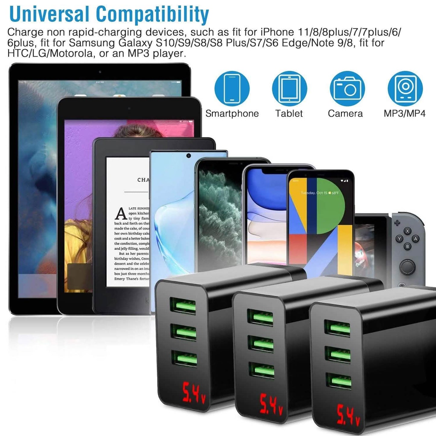 3-Pack: 3-Port USB Hub Charger Wall Power Charging Plug Adapter DailySale