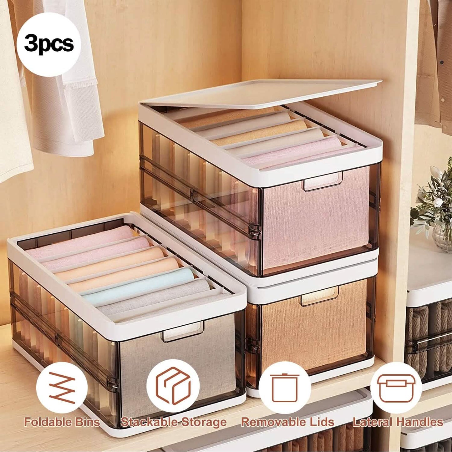 3-Pack: Foldable Storage Bin with Lid Stackable Plastic Closet Organizer DailySale