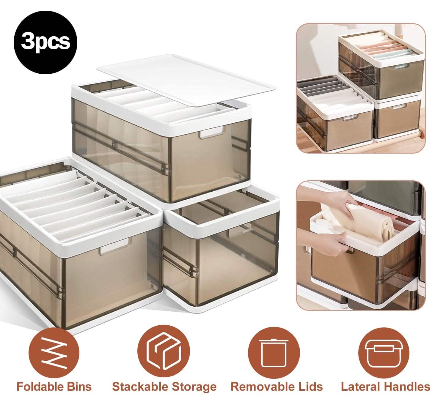 3-Pack: Foldable Storage Bin with Lid Stackable Plastic Closet Organizer DailySale