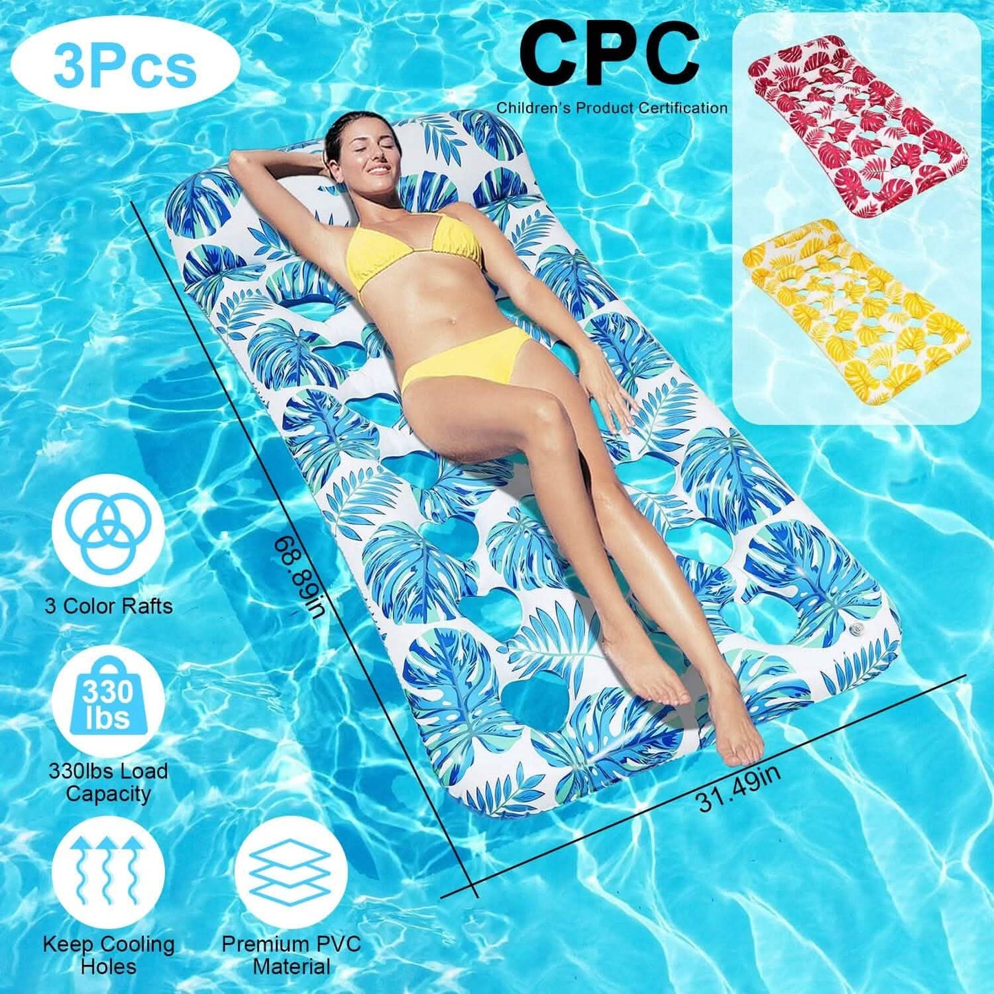 3-Pack: Inflatable Pool Float Raft Water Lounge 330lbs Load-Bearing Mattress with Headrest DailySale