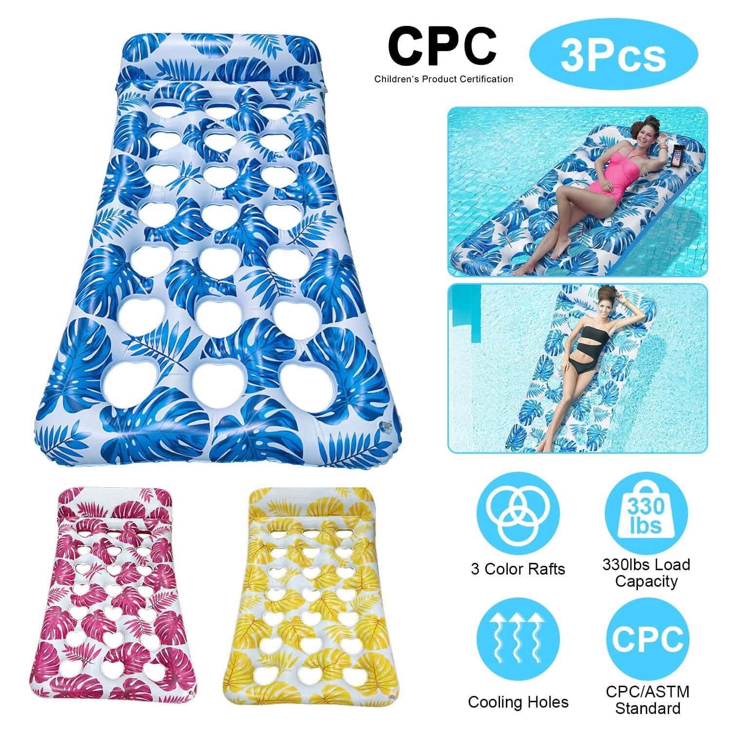 3-Pack: Inflatable Pool Float Raft Water Lounge 330lbs Load-Bearing Mattress with Headrest DailySale