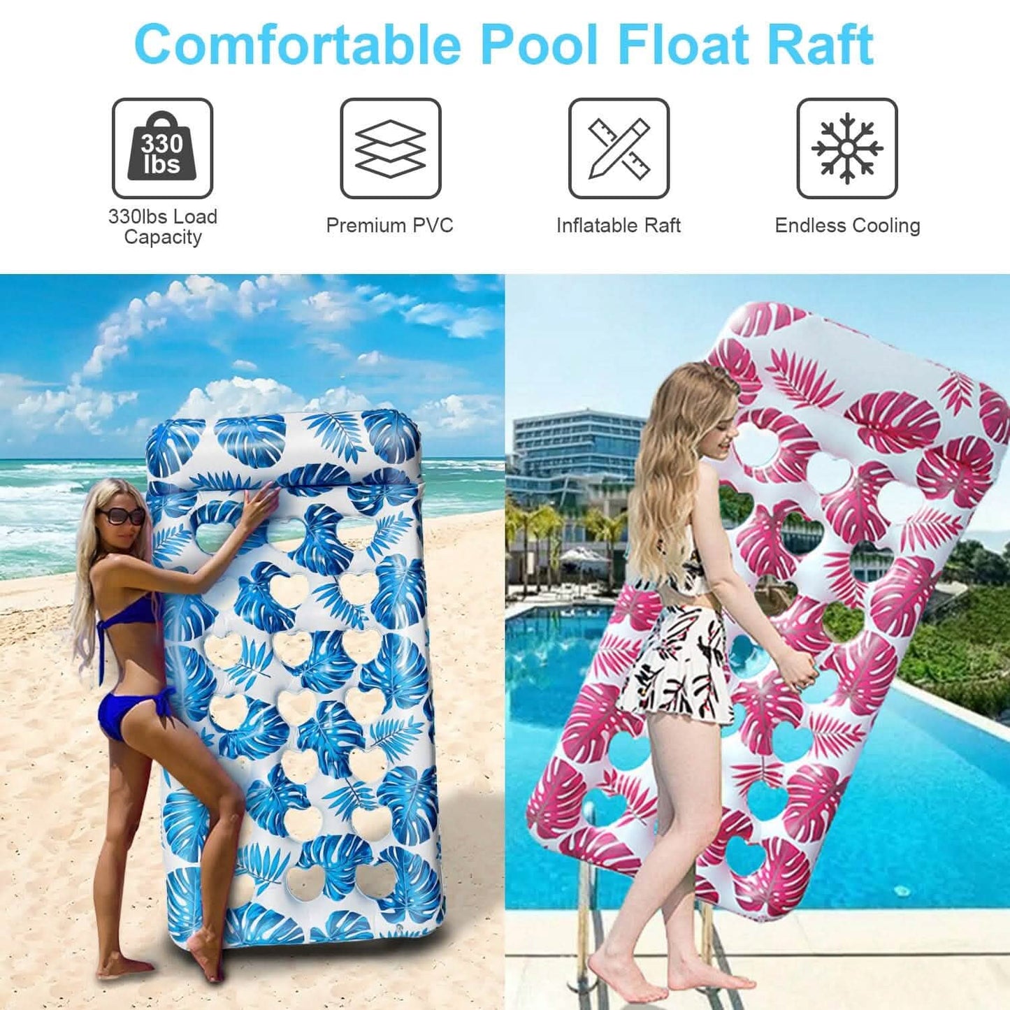 3-Pack: Inflatable Pool Float Raft Water Lounge 330lbs Load-Bearing Mattress with Headrest DailySale