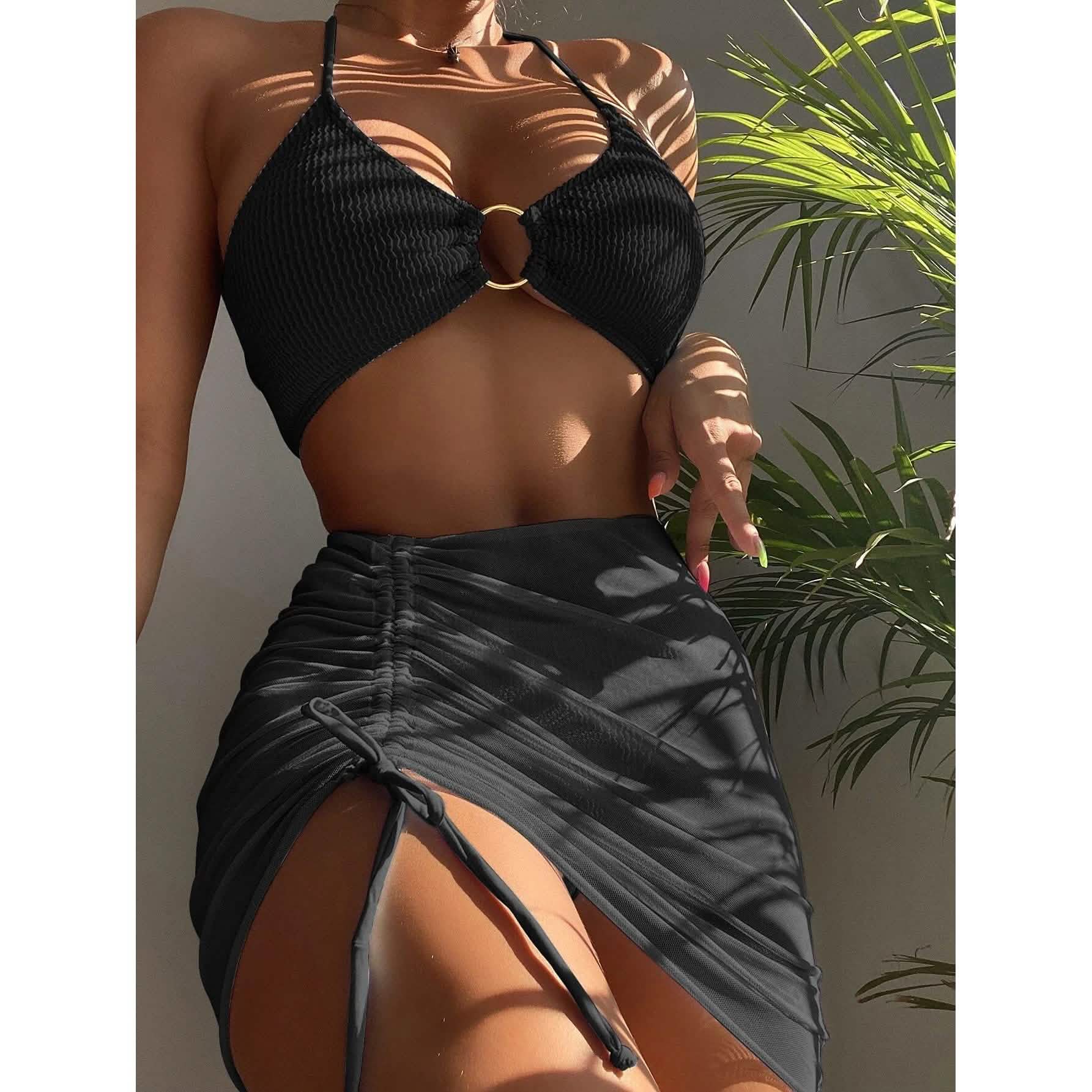 3-Pack: Textured Ring Linked Halter Bikini Swimsuit & Beach Skirt DailySale