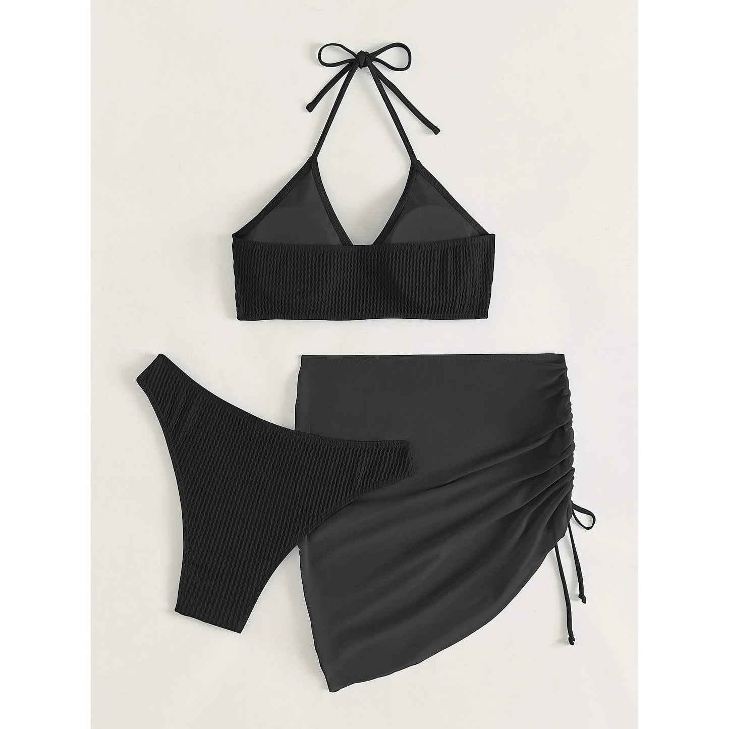 3-Pack: Textured Ring Linked Halter Bikini Swimsuit & Beach Skirt DailySale