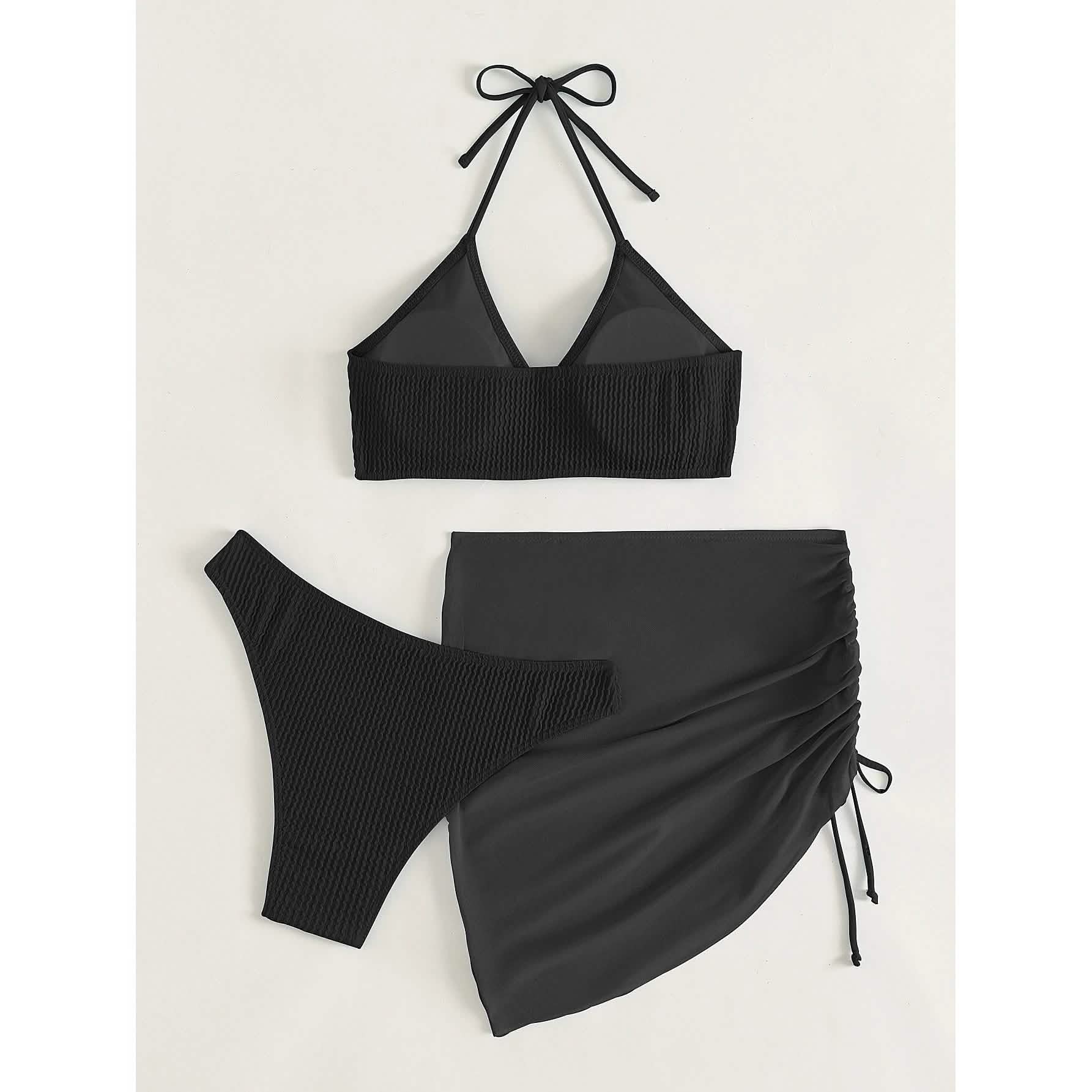 3-Pack: Textured Ring Linked Halter Bikini Swimsuit & Beach Skirt DailySale
