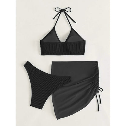3-Pack: Textured Ring Linked Halter Bikini Swimsuit & Beach Skirt DailySale