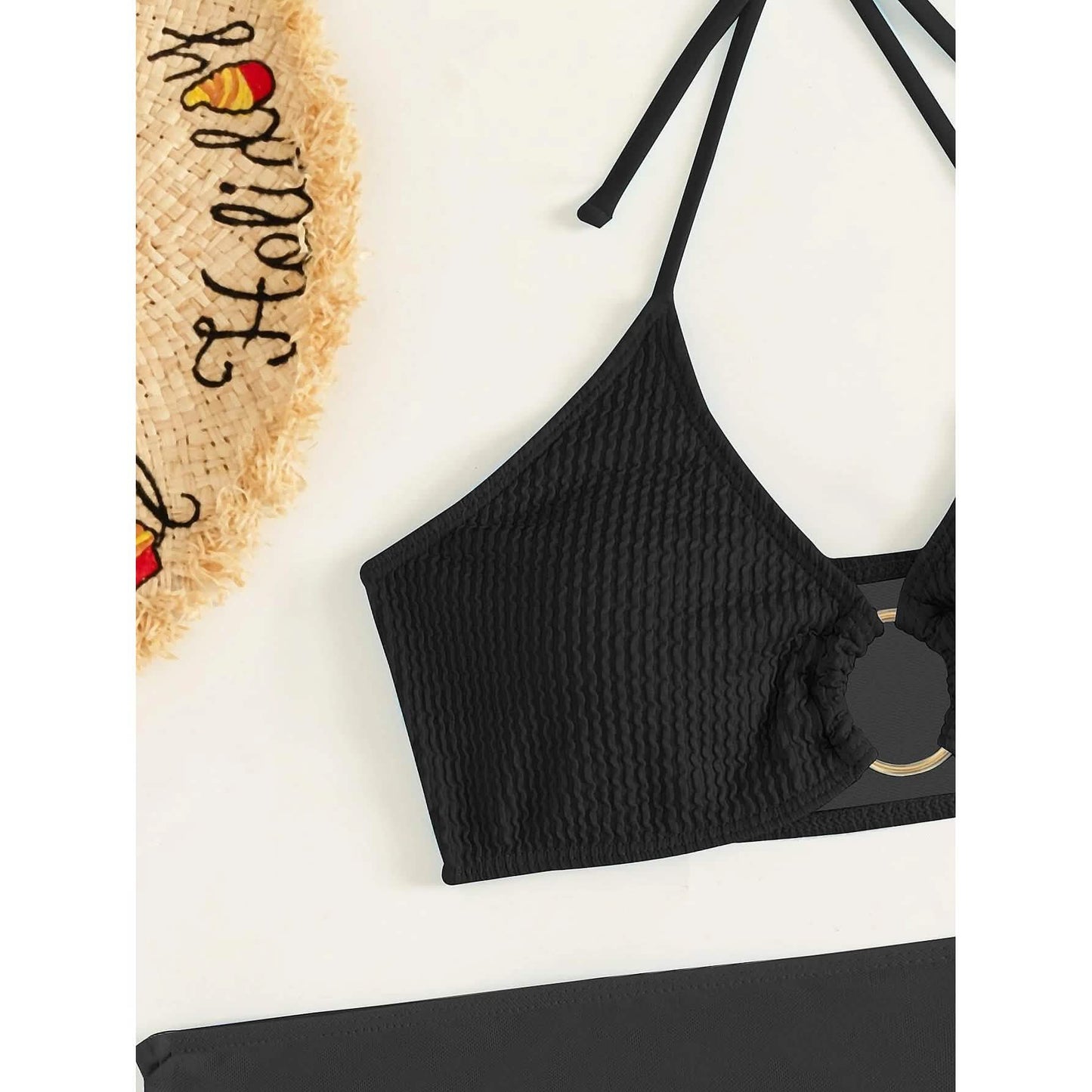 3-Pack: Textured Ring Linked Halter Bikini Swimsuit & Beach Skirt DailySale