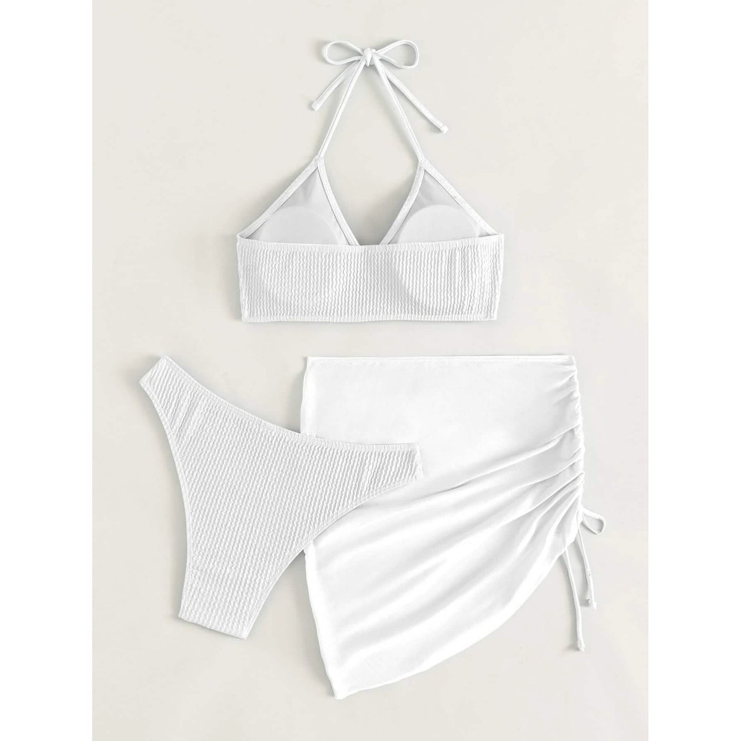3-Pack: Textured Ring Linked Halter Bikini Swimsuit & Beach Skirt DailySale